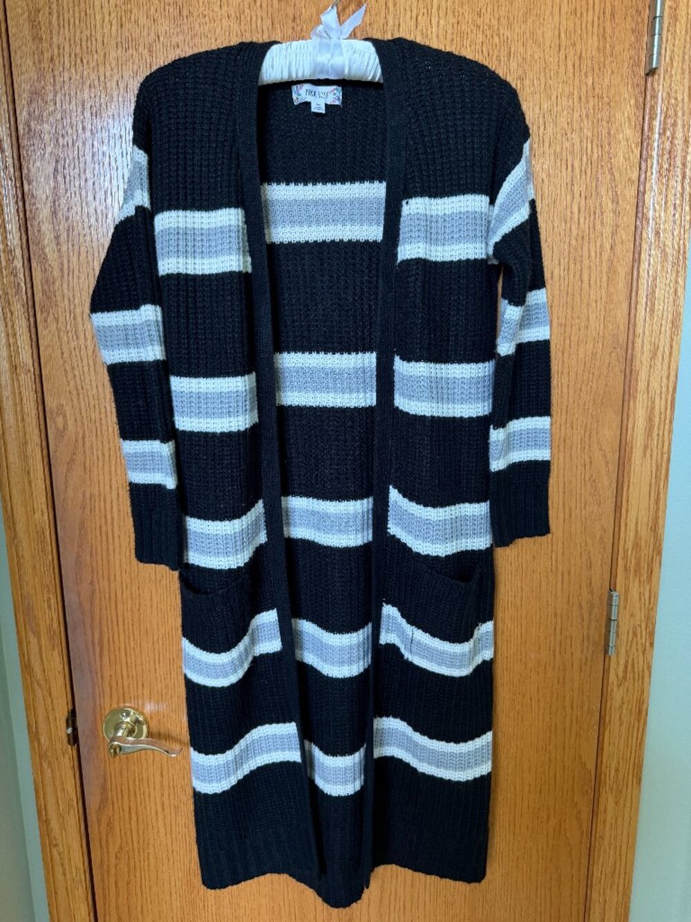 Long Striped Knit Cardigan Duster Sweater Black Gray White Size Medium